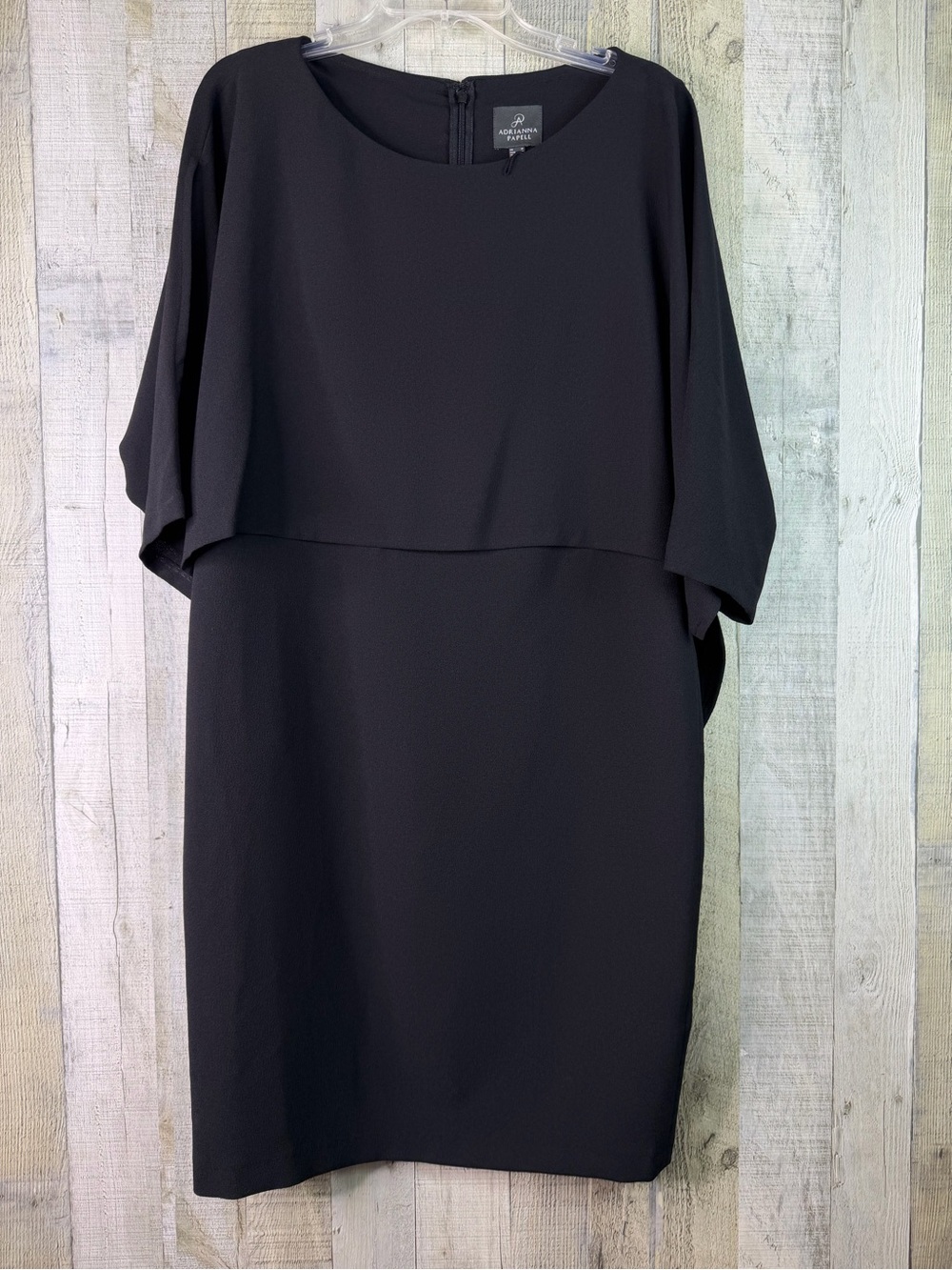 Adrianna Papell Size 10 Black Sheath Dress Round Neckline Overlaid Cape Bodice